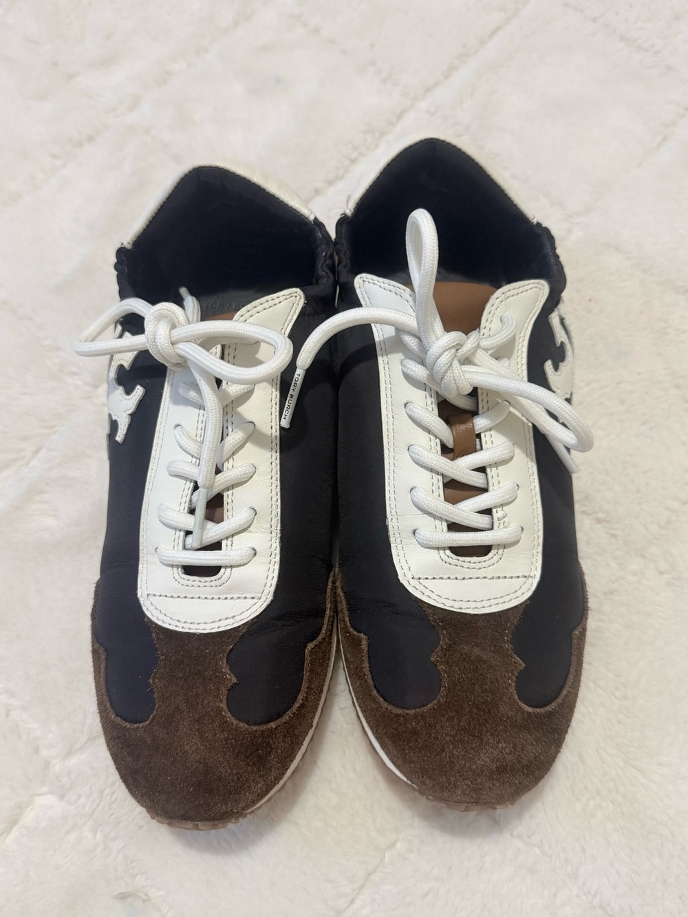 Tory Burch Black/Brown/White Runner Nylon and Suede Sneakers - Picture 2 of 9